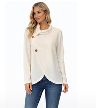 Load image into Gallery viewer, Waffle knit crossover sweater with 2 decorative buttons