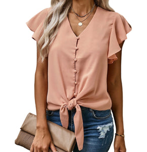 Tie up blouse with short fluttering sleeve