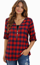 Load image into Gallery viewer, Red plaid shirt with 1/2 zipper
