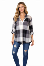 Load image into Gallery viewer, Grey plaid v-neck long sleeve blouse
