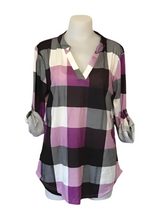 Load image into Gallery viewer, Purple v-neck long sleeve plaid shirt
