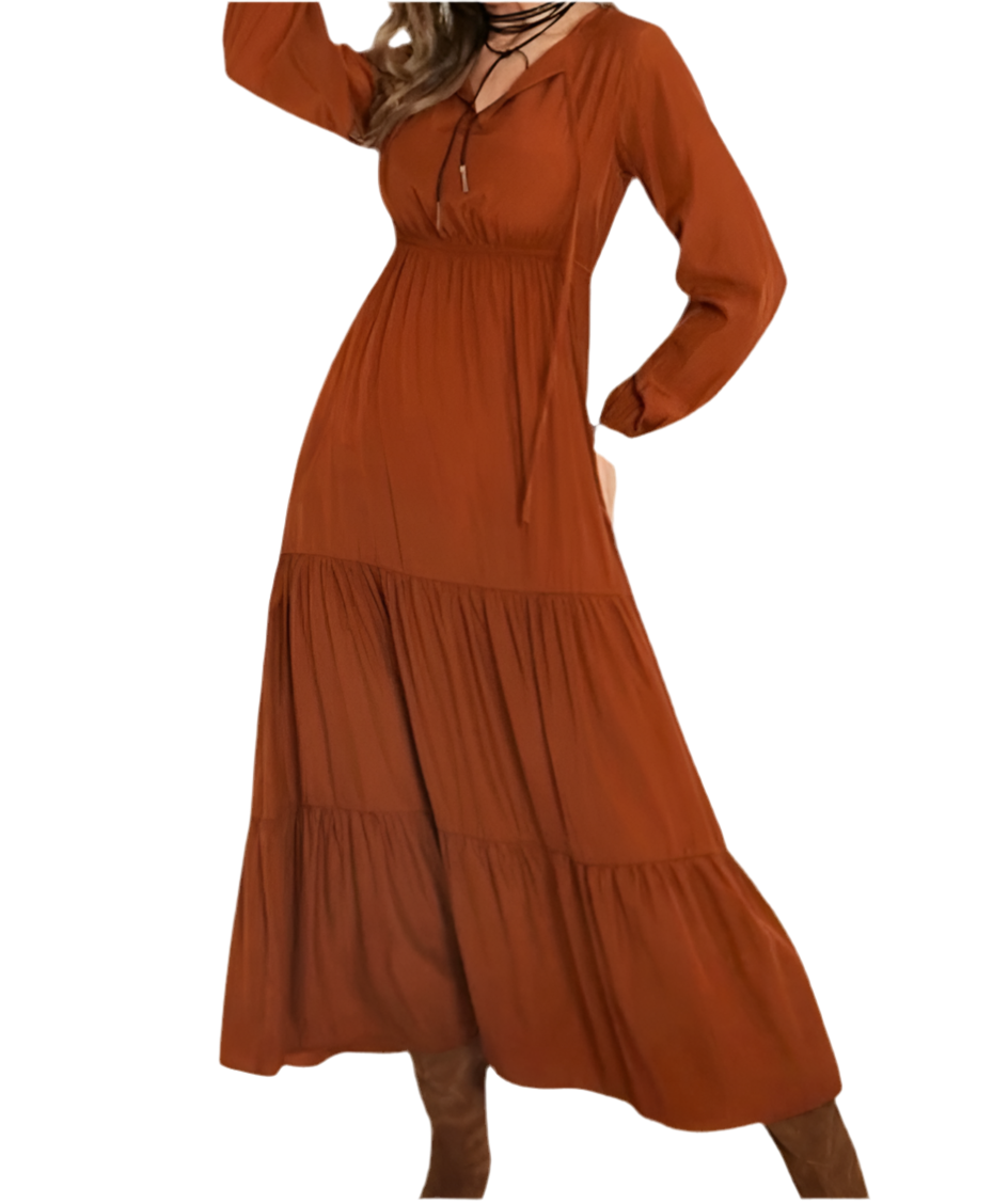 rust colored flowy dress YASSMIN SALEH CASCADE DRESS IN RUST