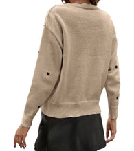 Load image into Gallery viewer, Khaki sweater with embroidered hearts and scalloped neckline.
