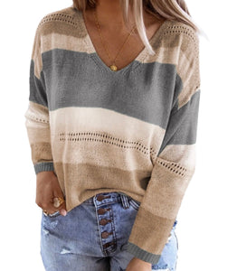 Hollow out V- neck color block sweater
