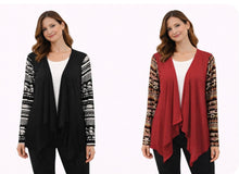 Load image into Gallery viewer, Open front draped cardigan with patterned sleeves
