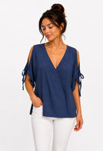 Load image into Gallery viewer, Navy cold shoulder blouse with tie-up sleeve
