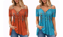 Load image into Gallery viewer, Feather pattern short sleeve top with metal straps
