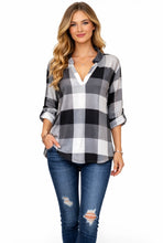 Load image into Gallery viewer, Grey plaid v-neck long sleeve blouse
