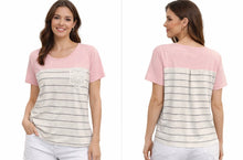 Load image into Gallery viewer, Pink striped tee with crochet pocket
