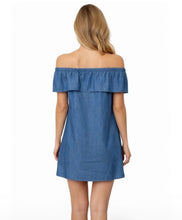 Load image into Gallery viewer, Off shoulder denim dress with  ruffle and side pockets
