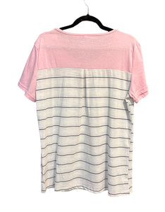 Pink striped tee with crochet pocket