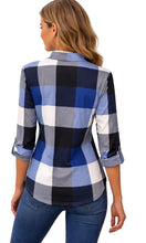 Load image into Gallery viewer, Blue color block plaid v-neck blouse
