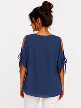 Load image into Gallery viewer, Navy cold shoulder blouse with tie-up sleeve
