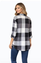 Load image into Gallery viewer, Grey plaid v-neck long sleeve blouse
