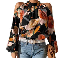 Load image into Gallery viewer, Black floral open shoulder blouse
