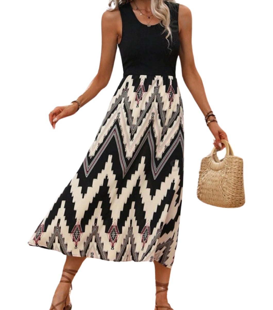 Bohemian style geometric print midi dress