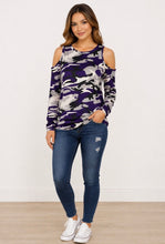 Load image into Gallery viewer, Long sleeve purple camouflage cold shoulder top
