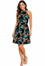 Load image into Gallery viewer, Black tropical print halter style dress
