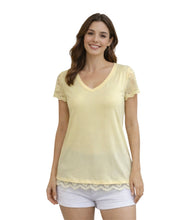 Load image into Gallery viewer, Pale yellow v-neck tee with lace trim
