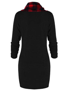 Black with red plaid trim cowl neck tunic/sweater dress