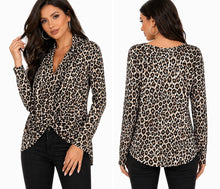 Load image into Gallery viewer, Crossed front design draped leopard print long sleeve blouse
