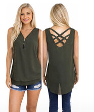 Load image into Gallery viewer, Layered sleeveless top with zipper and criss cross back
