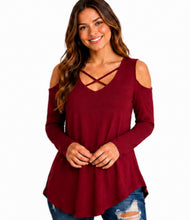 Load image into Gallery viewer, Cold shoulder crossed front design long sleeved top

