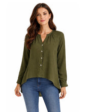 Load image into Gallery viewer, Army green high/low button up blouse.
