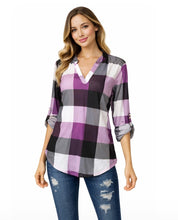 Load image into Gallery viewer, Purple v-neck long sleeve plaid shirt
