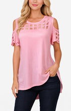 Load image into Gallery viewer, High/low cold shoulder cut out block style top
