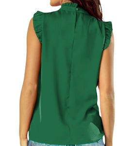 Bright green blouse with pleated front and frilled trim