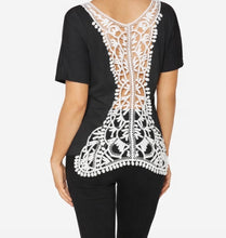 Load image into Gallery viewer, Polyester, cotton tee with white lace detail
