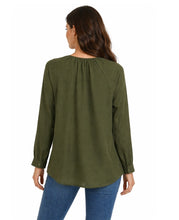 Load image into Gallery viewer, Army green high/low button up blouse.
