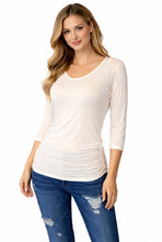 Load image into Gallery viewer, White v-neck 1/2 sleeve top with ruched sides
