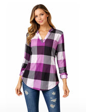 Load image into Gallery viewer, Purple v-neck long sleeve plaid shirt
