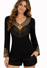 Load image into Gallery viewer, Long sleeve black top with mesh and gold bling on front and cuffs
