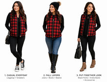 Load image into Gallery viewer, Red plaid vest with zipper and pockets.
