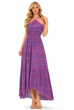 Load image into Gallery viewer, High/low purple multi color halter style dress
