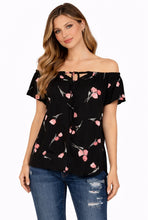 Load image into Gallery viewer, Short sleeve black floral tie up blouse
