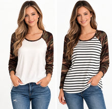 Load image into Gallery viewer, Striped and solid long sleeve tops with camouflage print sleeves
