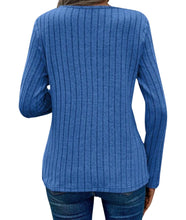 Load image into Gallery viewer, Blue ribbed knit sweater with asymmetrical cut out neck
