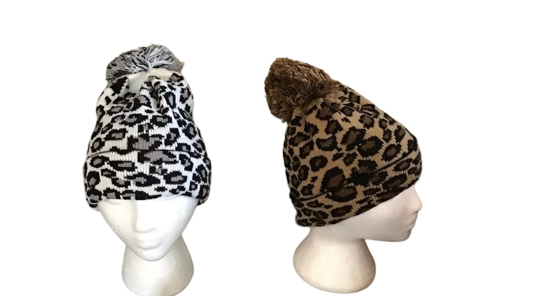 Thick warm leopard print winter toque with Pom Pom