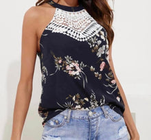 Load image into Gallery viewer, Navy floral halter style top with crochet detail
