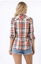 Load image into Gallery viewer, Ladies multi-color plaid button up shirt.
