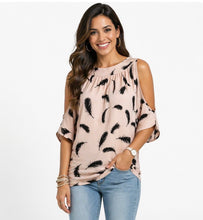 Load image into Gallery viewer, Cold shoulder feather print top
