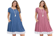 Load image into Gallery viewer, T-shirt dress with white lace trim and pockets
