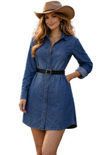 Load image into Gallery viewer, Long sleeve denim shirt/dress with one upper pocket. Belt not included.
