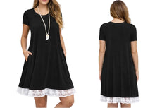 Load image into Gallery viewer, T-shirt dress with white lace trim and pockets
