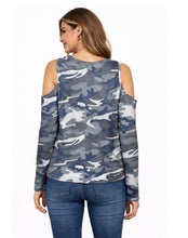 Load image into Gallery viewer, Grey camouflage cold shoulder long sleeve top

