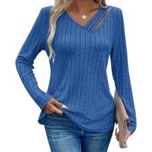 Load image into Gallery viewer, Blue ribbed knit sweater with asymmetrical cut out neck
